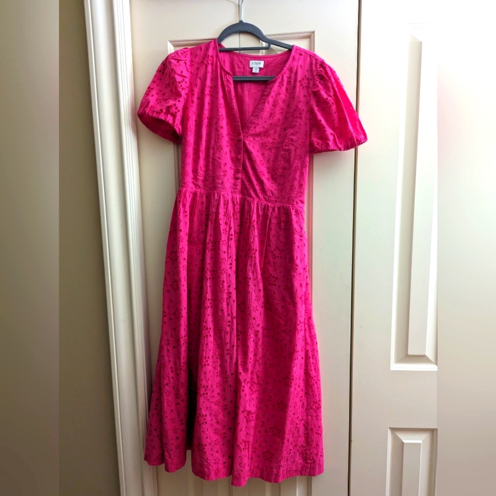 JCrew Factory eyelet puff sleeve midi dress in pink